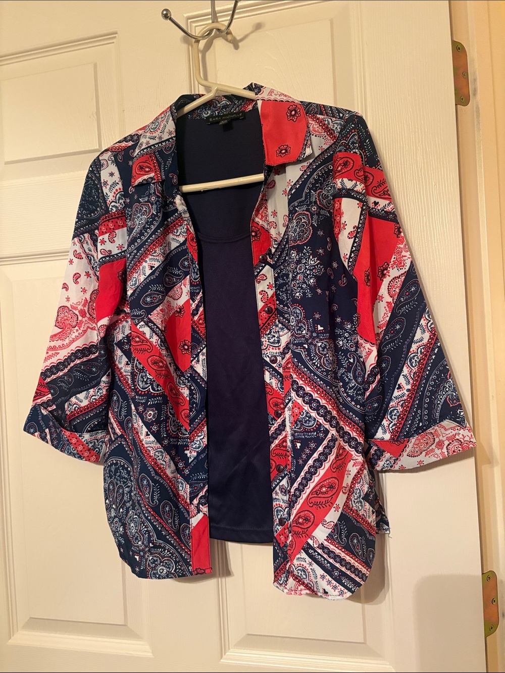 Sara Michelle Red & Navy Paisley Open-Front Tunic